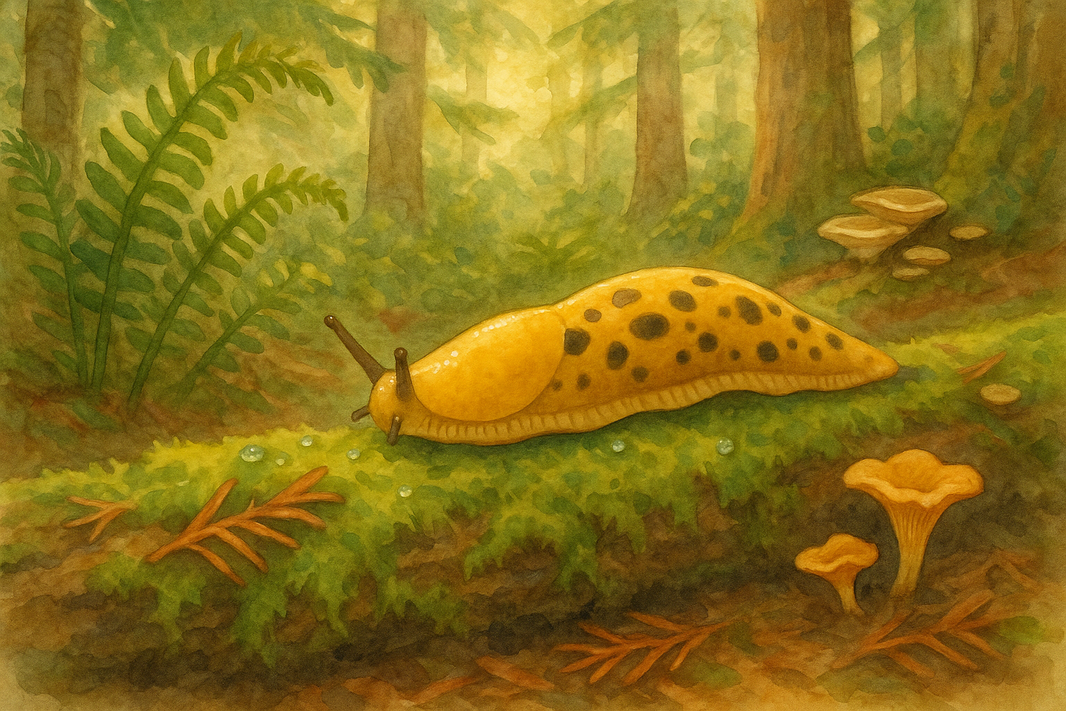 Watercolor illustration of a Pacific banana slug on the mossy forest floor of a coastal Douglas fir forest on Vancouver Island, bright golden-yellow with dark spots, crossing a moss-covered log surrounded by sword ferns, chanterelle mushrooms, and cedar needles in dappled morning light