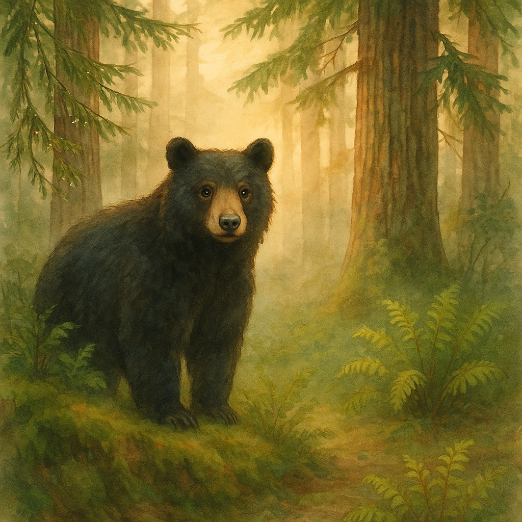Watercolor illustration of a black bear standing at the mossy edge of a coastal Douglas fir forest in early spring morning on Vancouver Island, with golden dawn light filtering through the mist and fresh ferns emerging from the forest floor