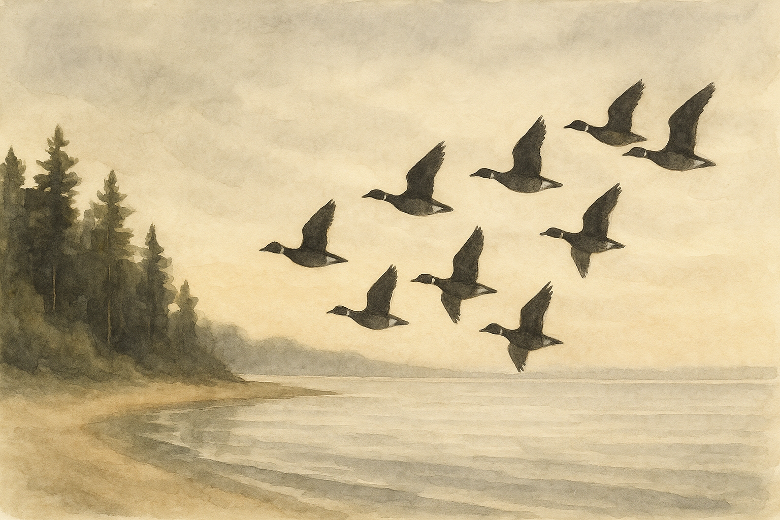 Watercolor illustration of black brant geese resting on the eelgrass flats at Rathtrevor Beach, Parksville, with the Strait of Georgia and Vancouver Island mountains behind them in early spring light