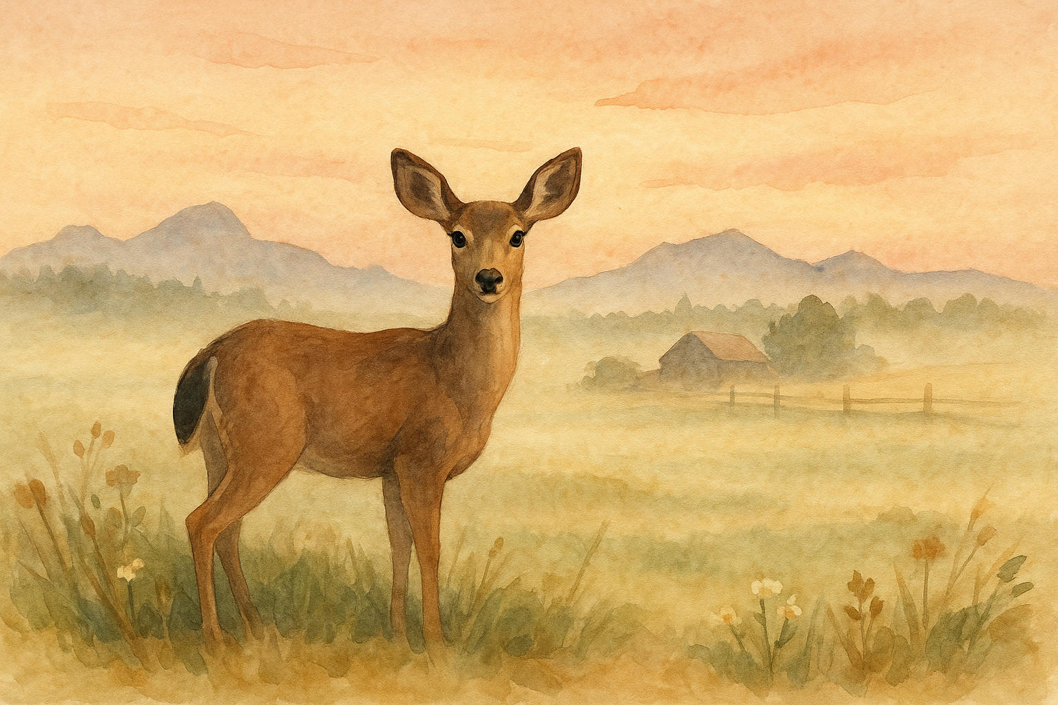 Watercolor illustration of a black-tailed deer standing in a misty farm field at dawn in Parksville, with fog rolling across green fields and coastal mountains in the distance