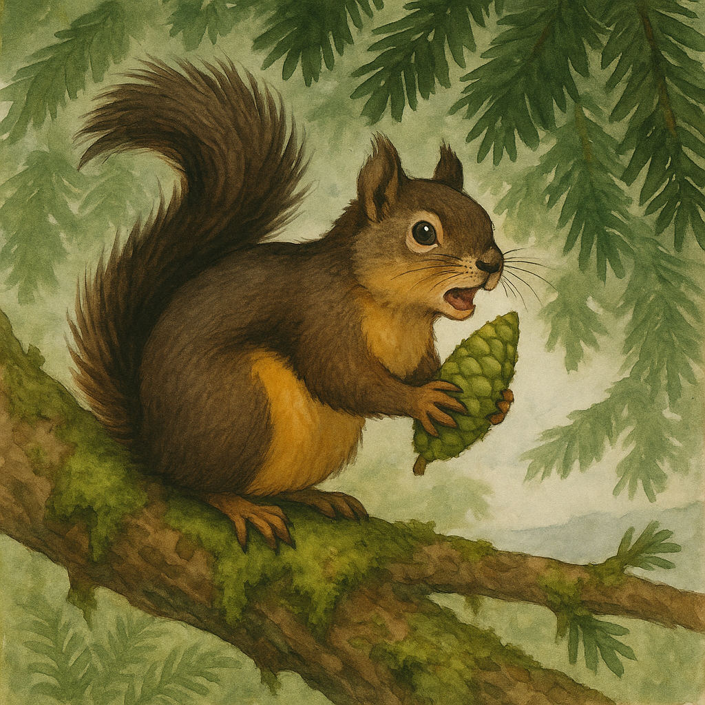 Watercolor illustration of a Douglas Squirrel perched on a mossy Douglas fir branch, holding a green fir cone, mouth open mid-chitter, with dark green fir boughs filling the background