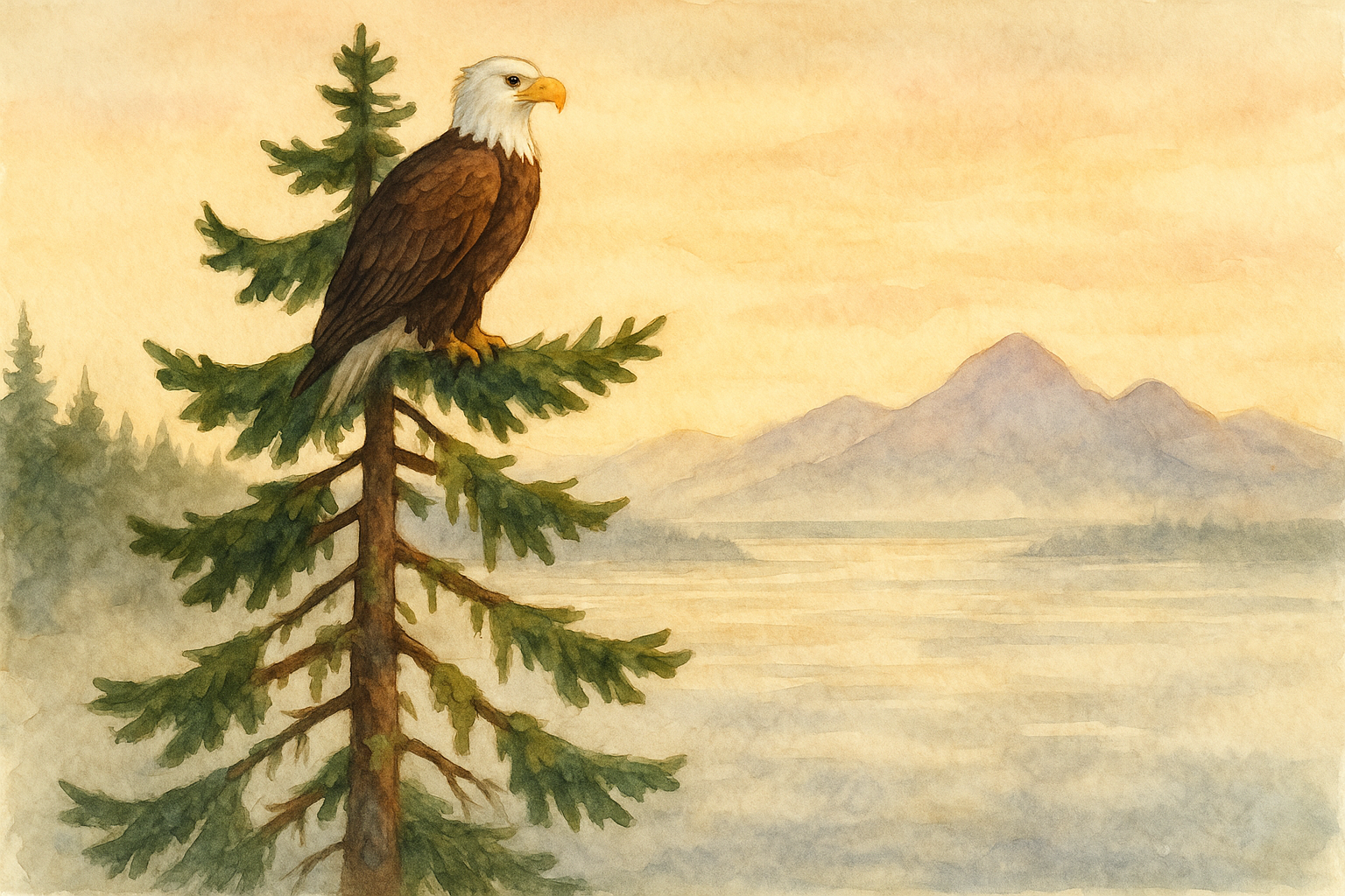 Watercolor illustration of a bald eagle perched atop a Douglas fir tree overlooking the Strait of Georgia near Parksville, with morning mist rising from the water and coastal mountains in the background