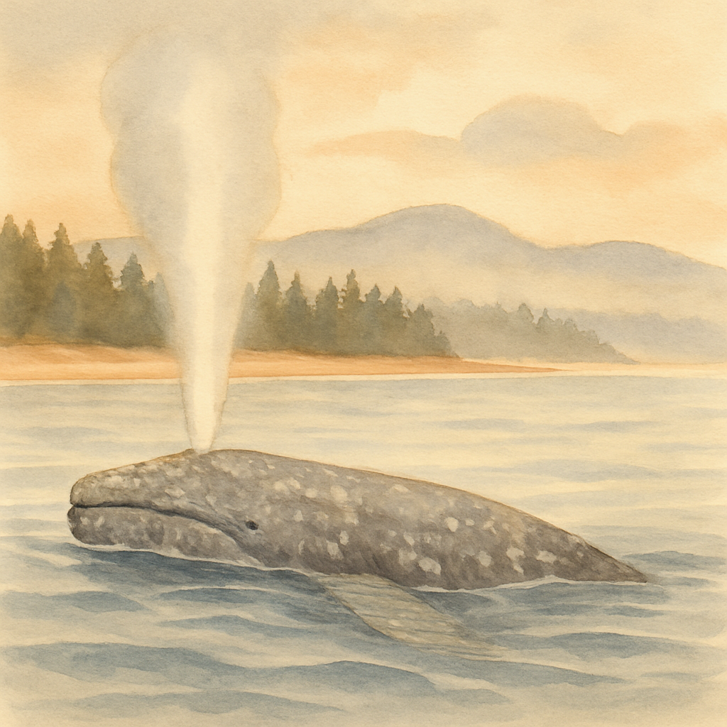 Watercolor illustration of a gray whale surfacing in the Strait of Georgia near Parksville, columnar spout rising above the calm blue water, with the mountains of Vancouver Island on the horizon