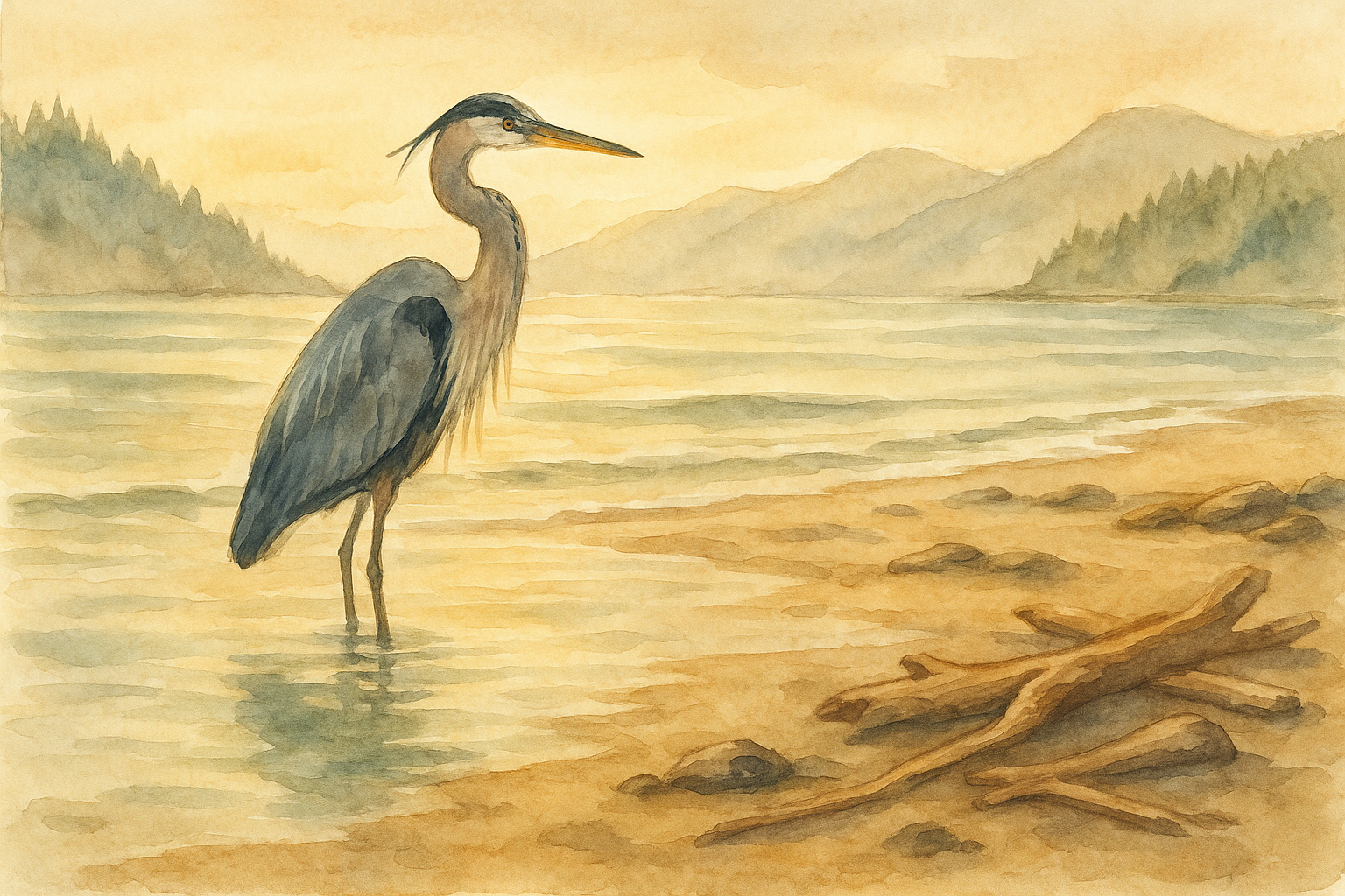 Watercolor illustration of a great blue heron standing in shallow water at Rathtrevor Beach, Parksville, with misty mountains and driftwood at dawn
