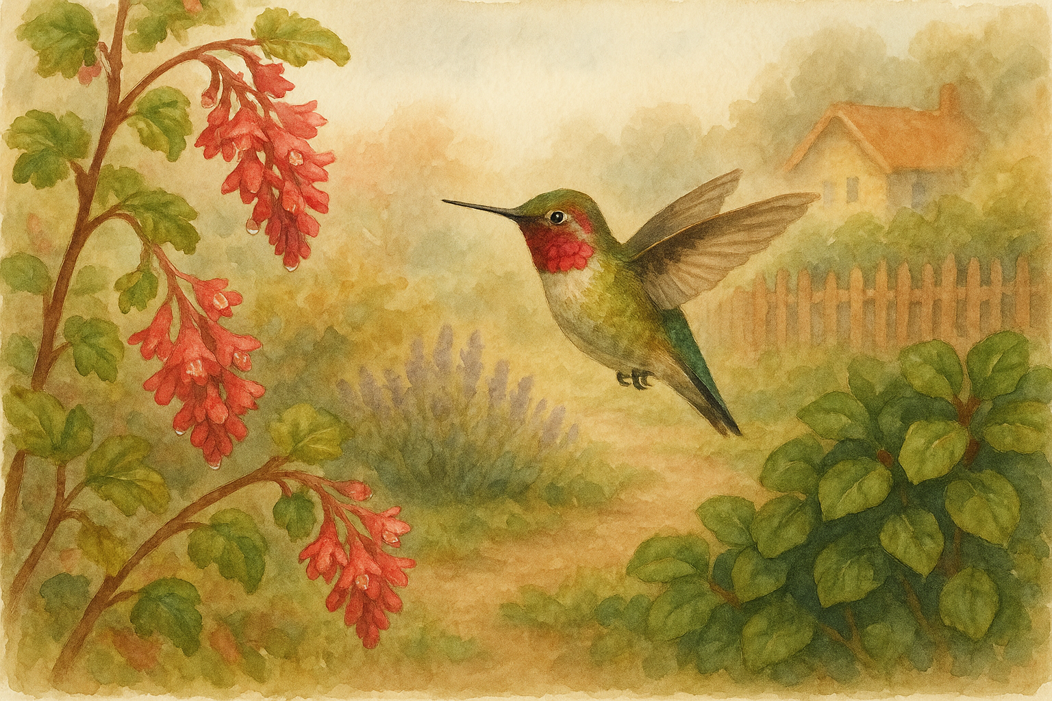 Watercolor illustration of an Anna's hummingbird hovering at a red-flowering currant bush in a Parksville spring garden, its gorget flashing ruby-magenta in morning light, with a coastal cottage garden background of lavender, salal, and a weathered cedar fence