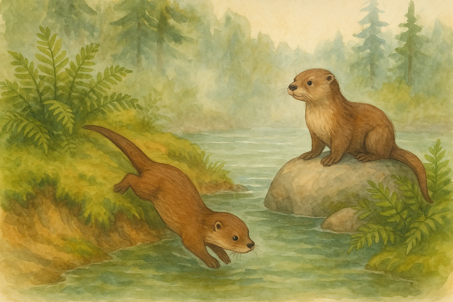 Watercolor illustration of river otters playing on the mossy bank of the Englishman River in Parksville, one sliding into clear green water, another watching from a smooth river rock, with ferns, mist, and Douglas fir trees