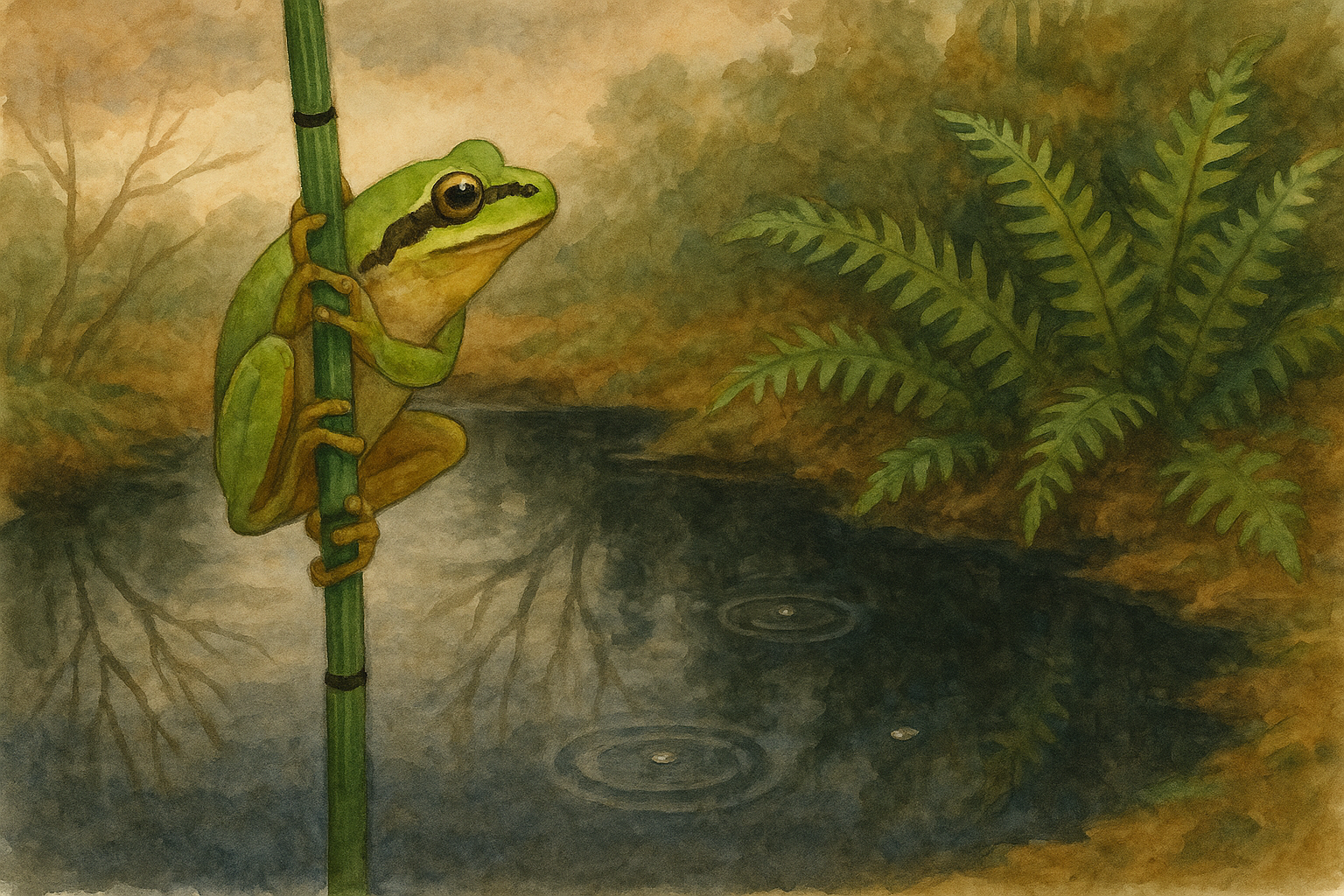 Watercolor illustration of a Pacific tree frog clinging to a green horsetail reed above a still spring pool near the Englishman River, Parksville — ferns on the bank, rain ripples in the dark water, bare willow branches reflected in the evening stillness
