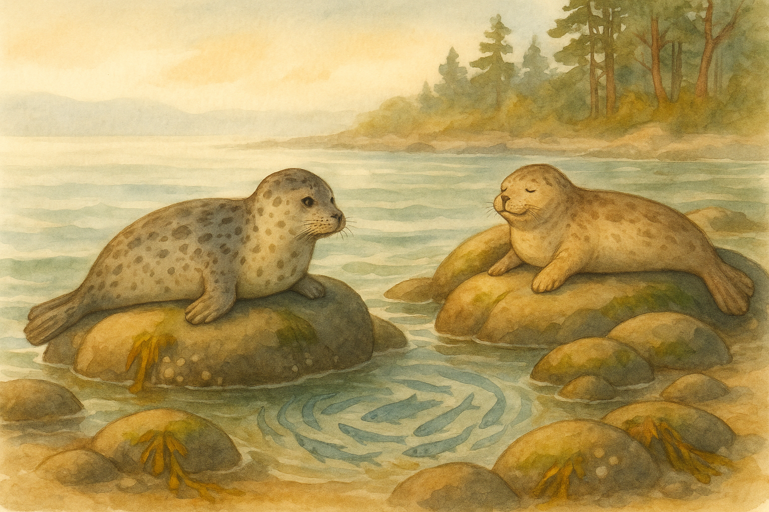 Watercolor illustration of harbor seals resting on smooth rocks at Rathtrevor Beach, Parksville, one watching herring in the shallow tidal water, another basking in early spring morning light, with mist over the Strait of Georgia